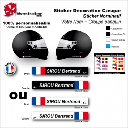 Sticker Nominatif Casque Moto Décoration Nom + Groupe Sanguin + Drapeau